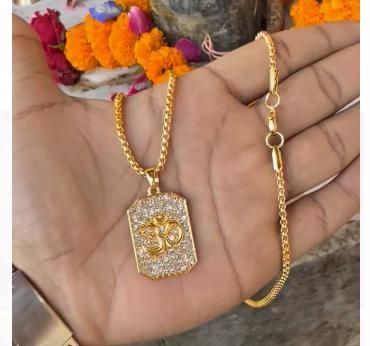 Gold Plated Om Diamond Pendant with Chain – Divine Elegance for Daily Wear (Pack of 1)